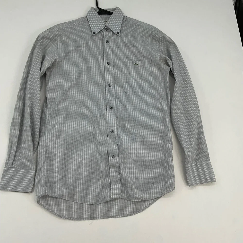 Lacoste Mens Grey Micro Check Button Down Shirt 38 M Long Sleeve‎ Cotton F5182